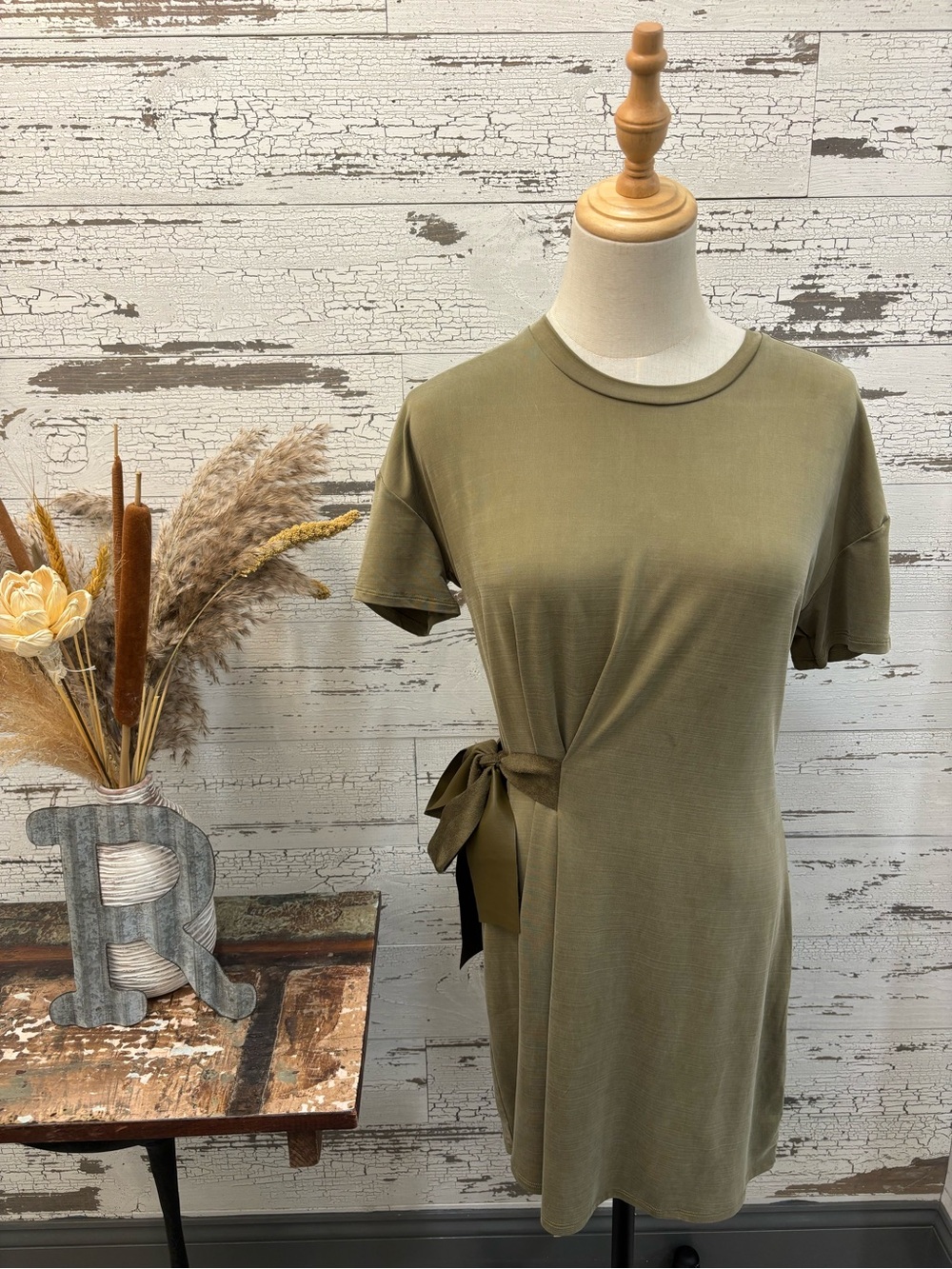 Dolan Short Sleeve Army Green Tie Dress